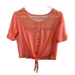 Color Story Womens Peach Lace Short Sleeve Tie Front Crop Top Size Small